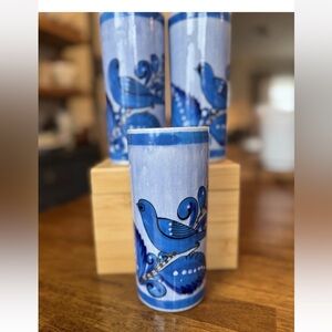3 Tonala Mexico Bluebird Bird Handpainted Stoneware Pottery Bud Vases/tumblers